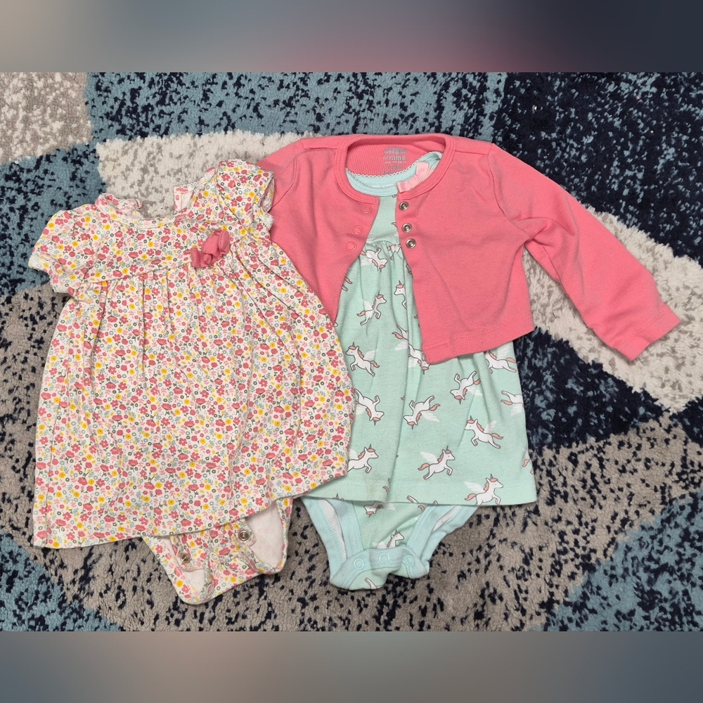 Carter's Baby Girl Unicorn Bodysuit & Floral Bodysuit with Pink Cardigan